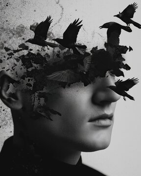 A surreal black and white portrait of a person whose head disintegrates into flying crows, blending human form with nature in an artistic expression of transformation.