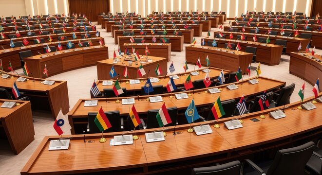 Rows of wooden desks with microphones and colorful flags arranged in a grand hall, set for a formal global summit and diplomatic dialogue, auditorium, procedure, banners