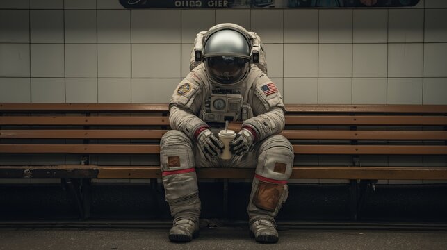 An astronaut in full space suit sits alone on a bench, holding a cup, in an indoor setting with a tiled wall behind.