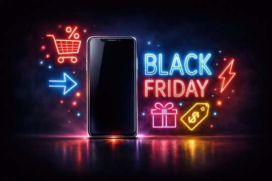 Black Friday mobile shopping sale concept with smartphone mockup and glowing neon discount icons