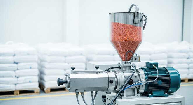 Single screw extruder with a hopper for bulk materials used for profile extrusion in a factory setting with pallets and raw plastic resins, single screw, construction, engineering