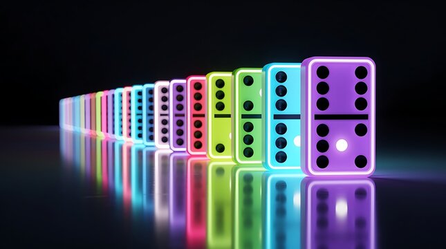 Neon Domino Tiles Arranged in Glowing Gradient Row