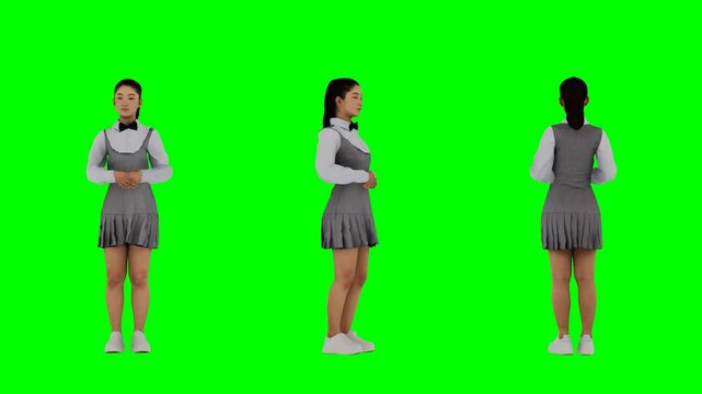 3D Render Young Woman Multiple Angles on Green Screen