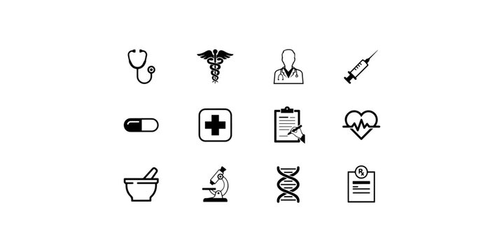 A set of 12 black and white minimalist doktor icon designs