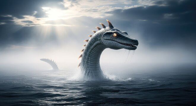 A giant aquatic serpent emerges from a deep lake under a dark stormy sky. Mist swirls around the prehistoric creature in the morning light, monster, horizon, paranormal
