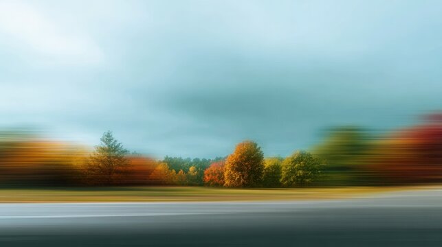Abstract motion blur autumn landscape background with colorful trees and dynamic panoramic scenery