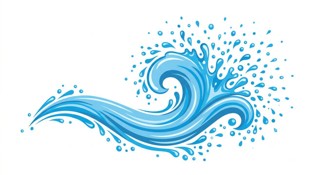 A stylized blue wave crests and splashes with energetic water droplets, depicted in a dynamic illustration with a clean, white background for a refreshing feel