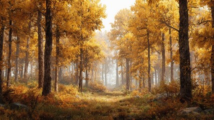Fototapeta premium Sunlit autumn forest landscape with golden trees vibrant foliage and peaceful woodland scenery