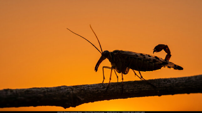Scorpionfly Silhouette at Sunset on Tree Branch