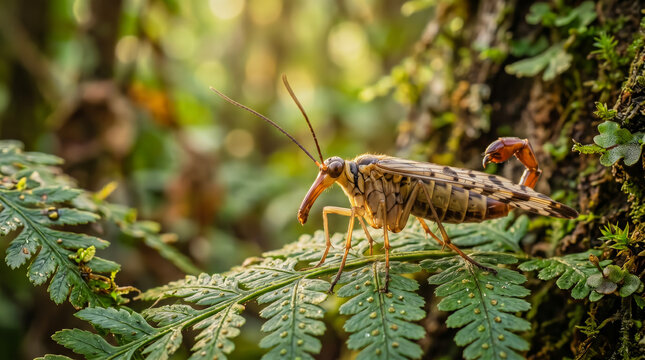 Scorpionfly Insect Resting on Fern Leaf in Forest Habitat