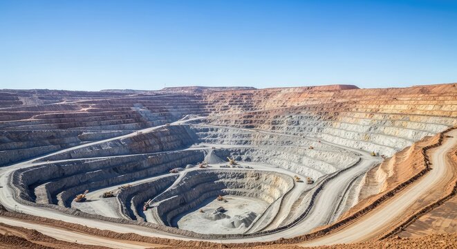 A vast open-pit diamond mine showing the terraced excavation of kimberlite pipes within a deep industrial crater and geological landscape, mining, ground, natural