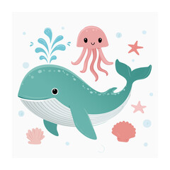 Fototapeta premium Cartoon Whale and Jellyfish in Ocean Scene