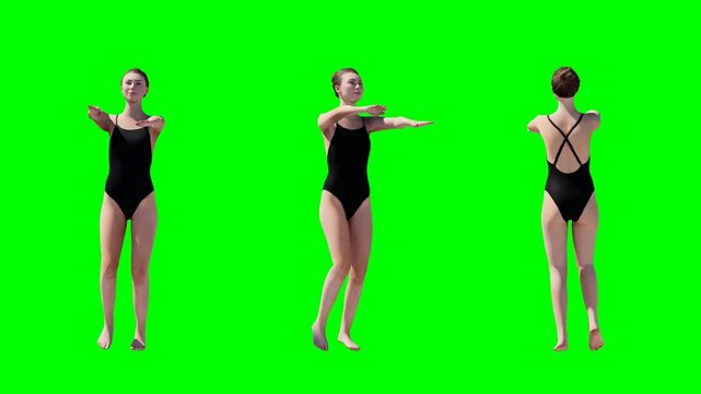 Female Swimmer in Black Swimsuit on Green Screen in 3D Render