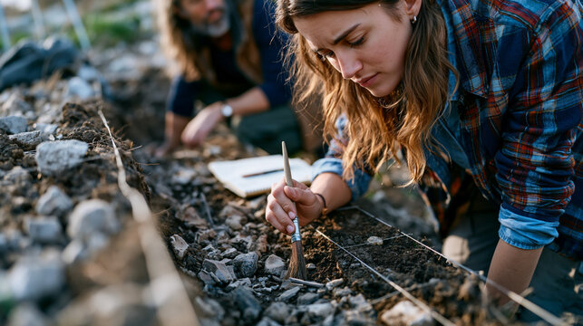 Archaeology student using brush to uncover ceramic fragments at rural dig site in early morning light, field notes notebook open in soil beside excavation grid, supervising professor kneeling at adj