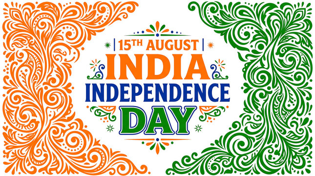 Decorative text celebrating the fifteenth of August Indian independence day with vibrant national flag color themes