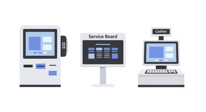 Three different types of modern electronic kiosks and displays.