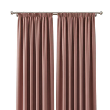 Pair of dusty rose pencil pleat curtains hanging on a silver curtain rod isolated on transparent background