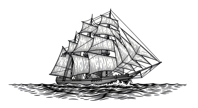 Vintage Tall Ship Sailing on the Ocean Waves.