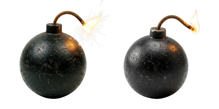 Two vintage black round iron bombs with burning fuses isolated on transparent background