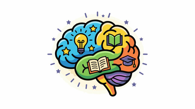 A colorful brain with books, lightbulb and graduation cap