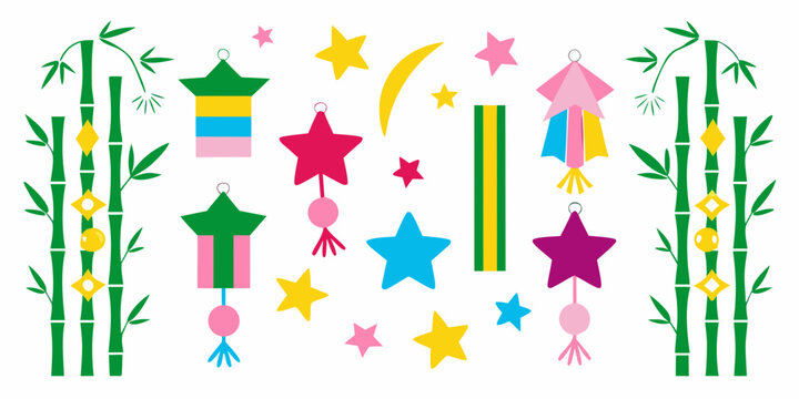 Bamboo stalks star lanterns and crescent moon a vector illustration
