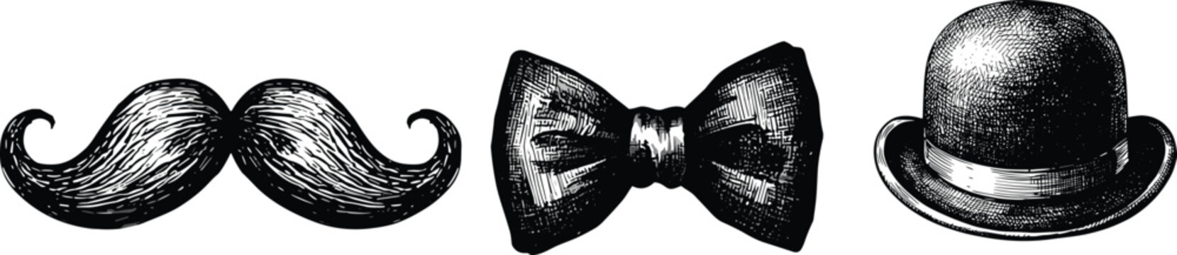 Moustache bow tie and bowler hat vector illustration set with hand drawn vintage engraving style sketches for gentleman fashion design.