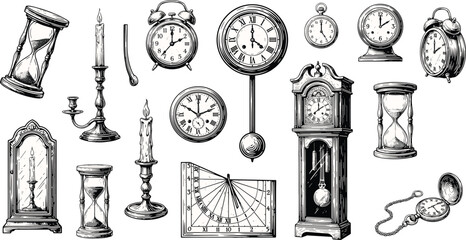 Clock and watch vintage vector illustration set with detailed hand drawn sketch of grandfather alarm pocket hourglass for classic time management design. © SNOW EVA