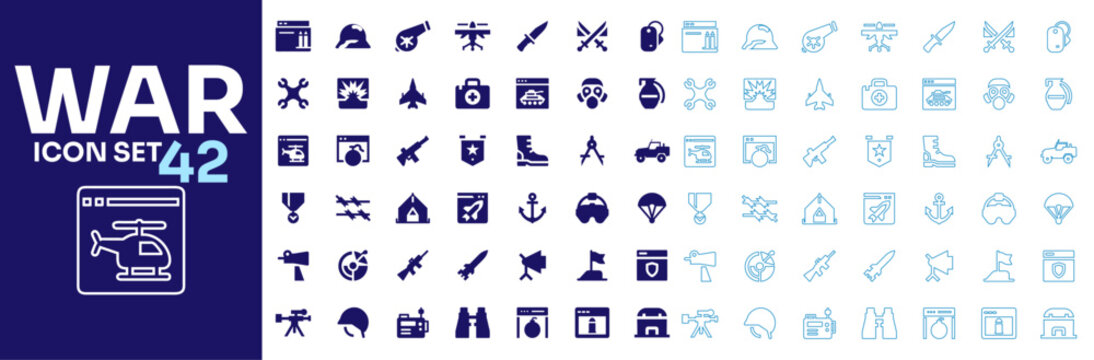 Flat and outline military warfare icon set for army and cyber combat vector collection.
