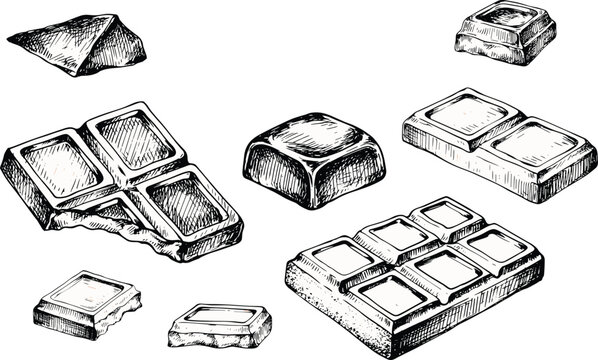 Chocolate candy bars vector illustration set with various gourmet pralines truffles and bonbons for sweet dessert food design.