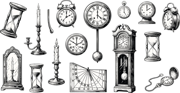 Clock and watch vintage vector illustration set with detailed hand drawn sketch of grandfather alarm pocket hourglass for classic time management design.