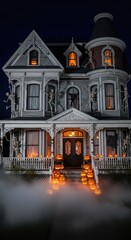 Naklejka premium Spooky victorian house decorated for halloween with life-sized skeletons climbing the walls and porch, glowing pumpkins and foggy night, pumpkin, spirit, haunted