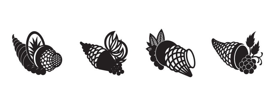 cornucopias with fruits and leaves in various designs and arrangements on white background