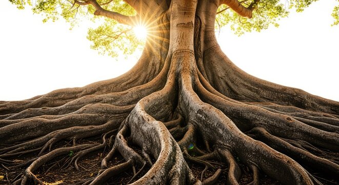 Strong tree roots spread through rich dark soil beneath a massive trunk while golden sunlight flares from behind the ancient tree of life, healthy, background, power