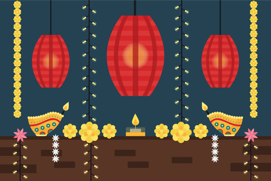 Indian independence day festive greeting card with colorful hanging paper lamps and ashoka chakra symbol vector