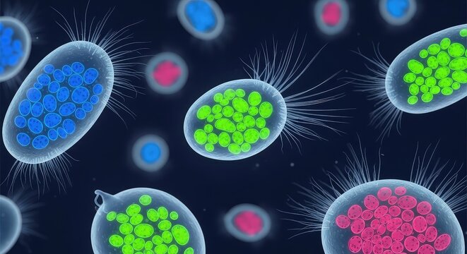 Vibrant microscopic view showing diverse single-celled organisms with glowing neon organelles, translucent membranes, and intricate cilia, cilia, vibrant, amoeba