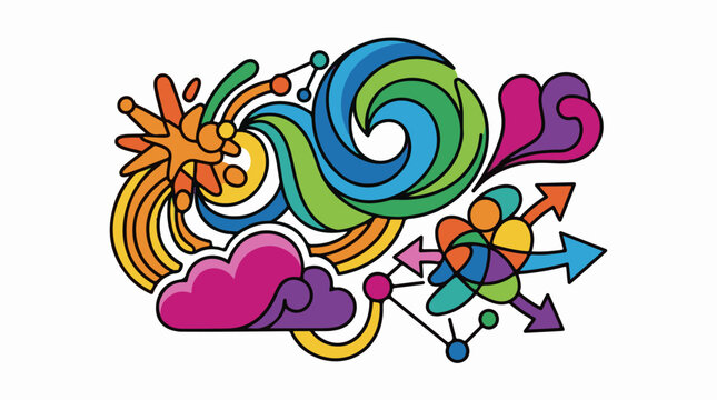 A colorful abstract illustration of swirling lines and shapes