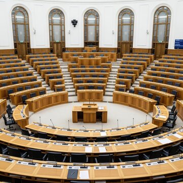Wide angle view of an empty governmental assembly hall with semicircular wooden desks, microphones, and scattered papers under bright light, congress, public, discussion