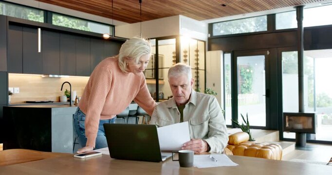 Laptop, savings and old couple with document in home for financial, review, taxes or pension planning. Man, woman or paperwork for budget discussion with tech, insurance policy or bills in retirement