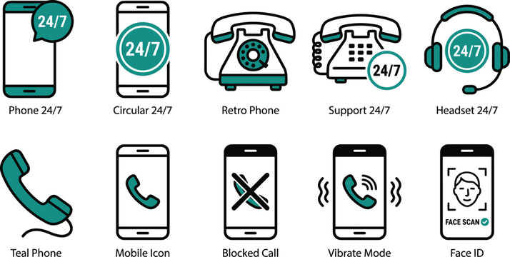 Help desk and telecommunication services icon collection with teal accents for mobile and phone interface.