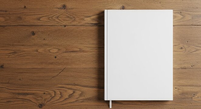 A top-down view of a blank, white hardcover notebook resting on a rustic brown oak wooden desk, creating a clean template for branding design, work, blank, clean