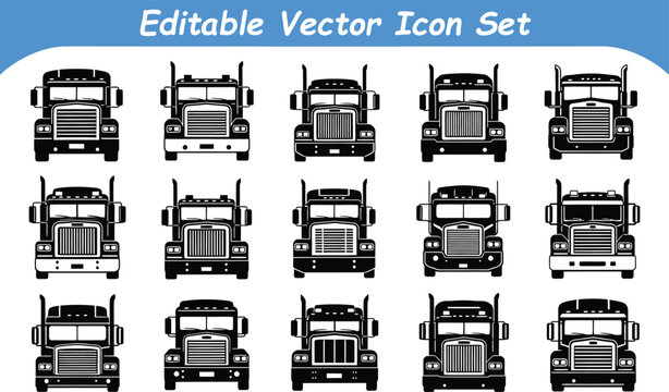 Set of 15 black front view semi truck vector icons isolated on white background with transport