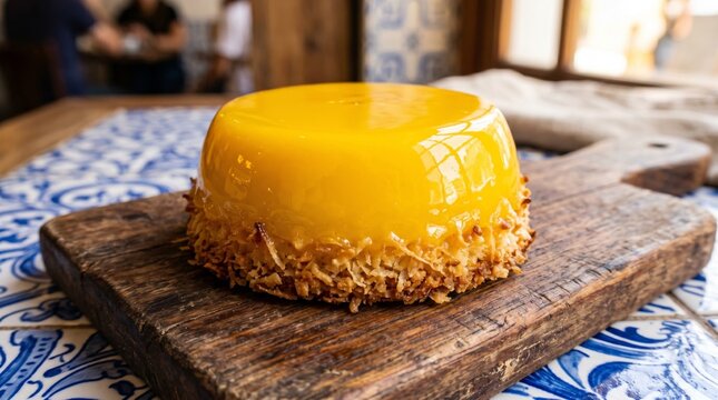 bright yellow brazilian quindim dessert with a glossy egg custard and coconut base