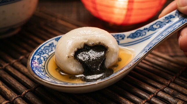 close up of a bitten chinese tangyuan revealing oozing black sesame paste on a traditional spoon