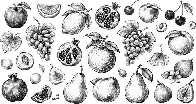 Fruit and berry vector illustration set with detailed hand drawn sketch of apple pear lemon grape pomegranate for organic food design.