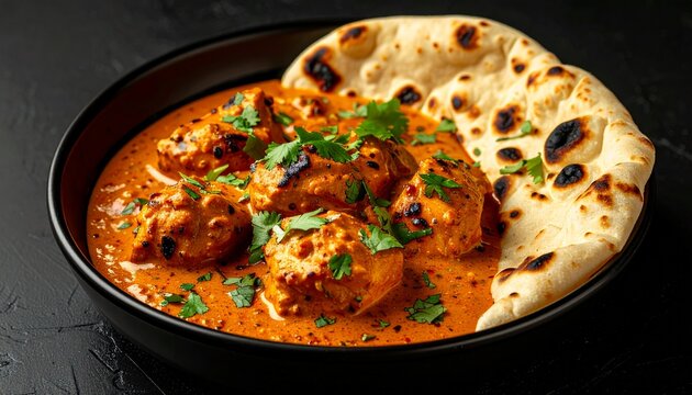 A plate of shrimp curry with naan bread on a dark surface