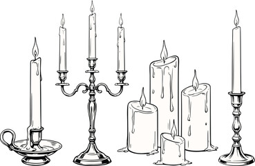 Candle hand drawn vintage vector illustration set with detailed sketch of burning wax melting candelabra and antique holders. © SNOW EVA
