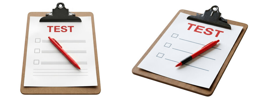 Two clipboards with a test paper and a red pen isolated on transparent background
