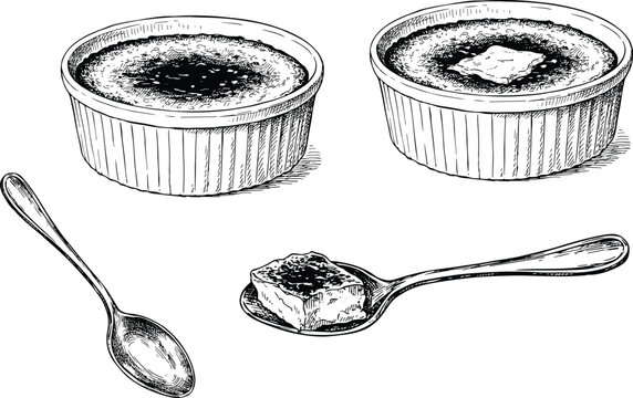 Creme brulee vintage hand drawn vector illustration set with ramekin bowls and spoons in detailed engraving style for retro dessert menu.