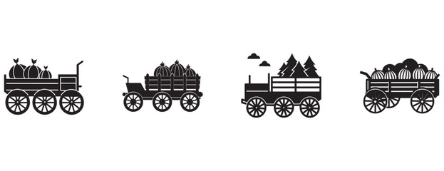 Obraz premium oldfashioned horse drawn carts loaded with various items pumpkins and trees on a white background