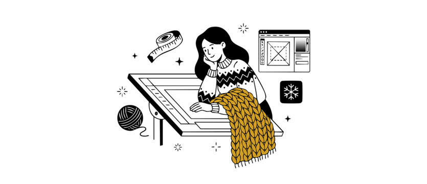 Fashion designer woman knitwear illustration designing winter clothes on a drafting table with digital software tools, cozy vector art of female artist crafting handmade sweater in studio workspace.